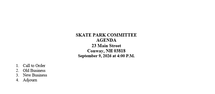 Skate Park Agenda September 9, 2026
