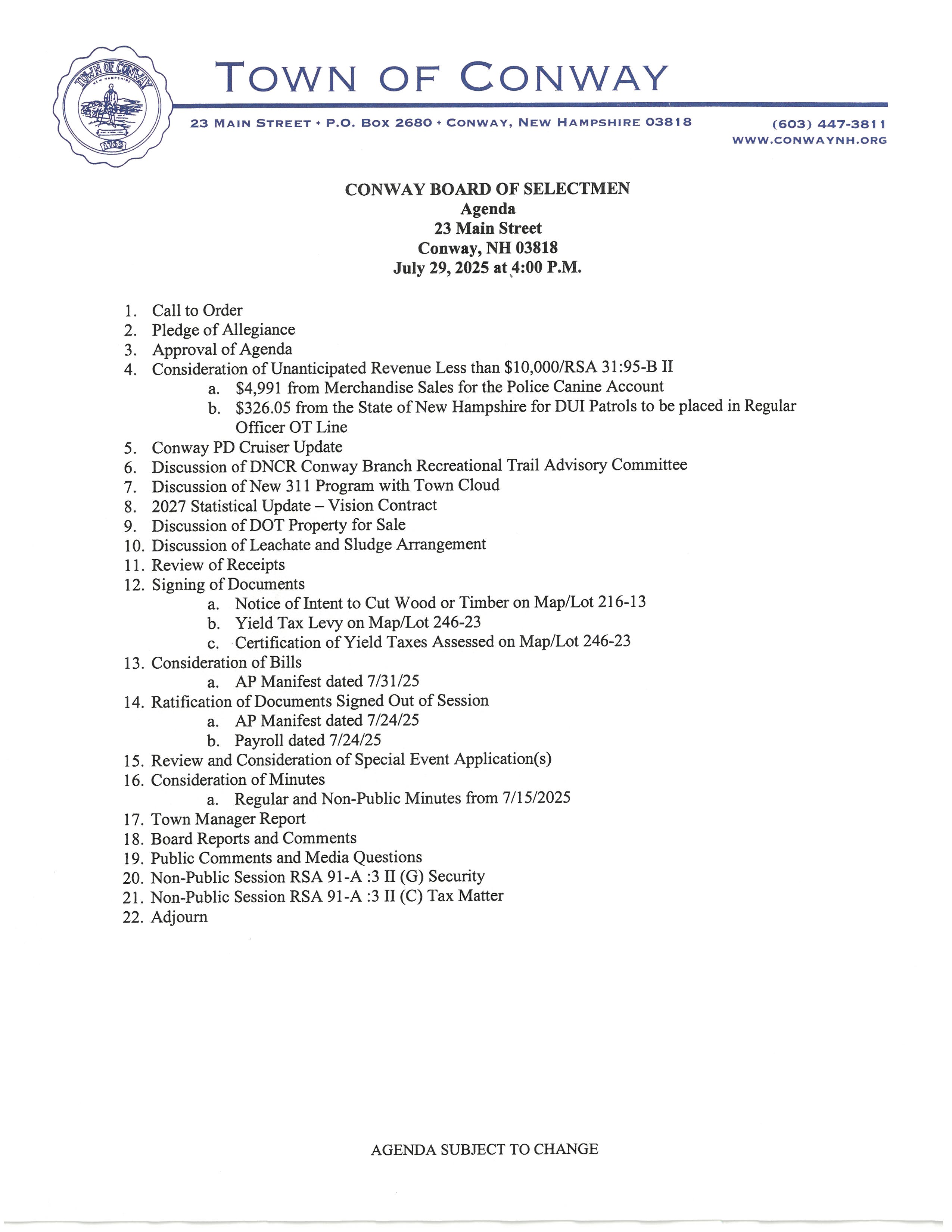 Agenda Board of Selectmen