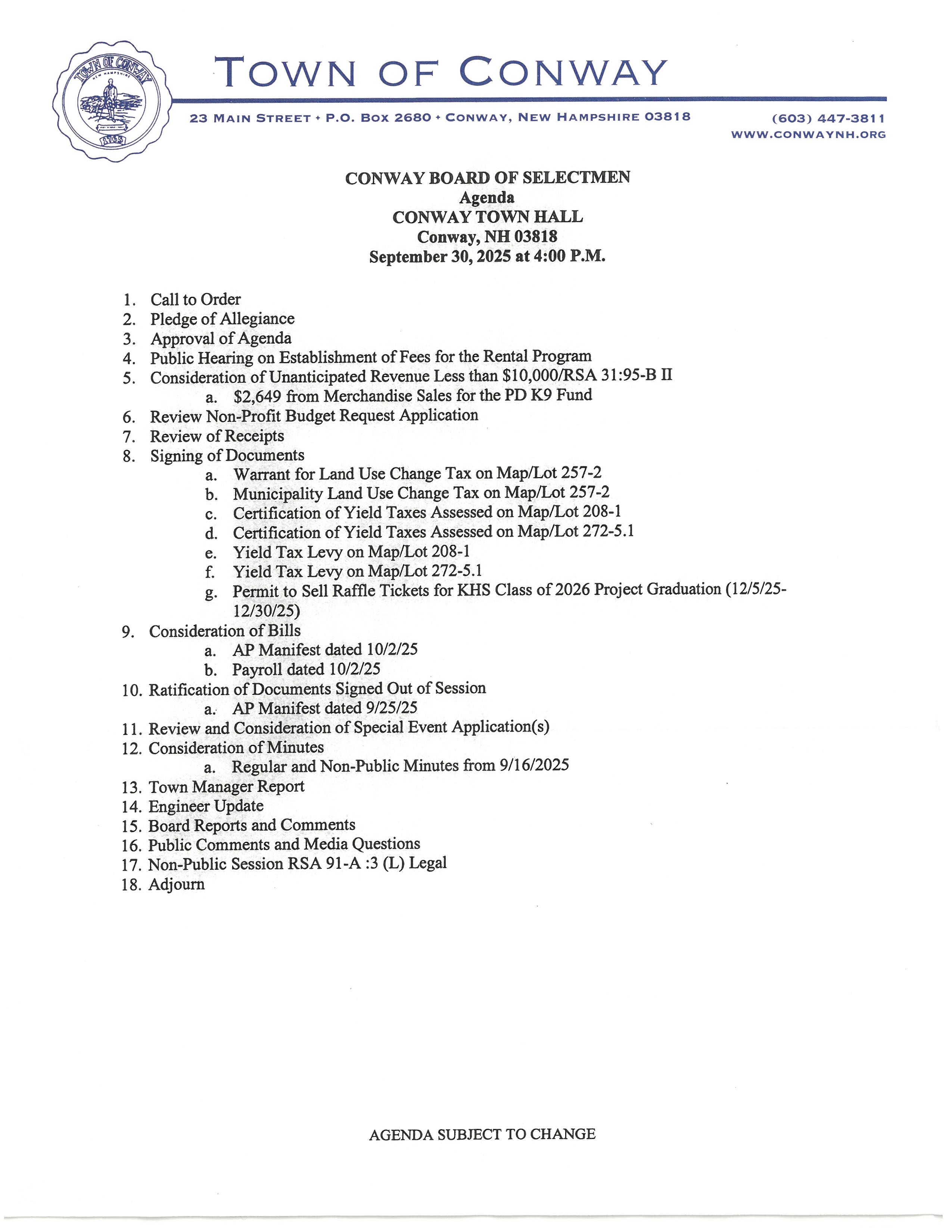 Agenda Board of Selectmen