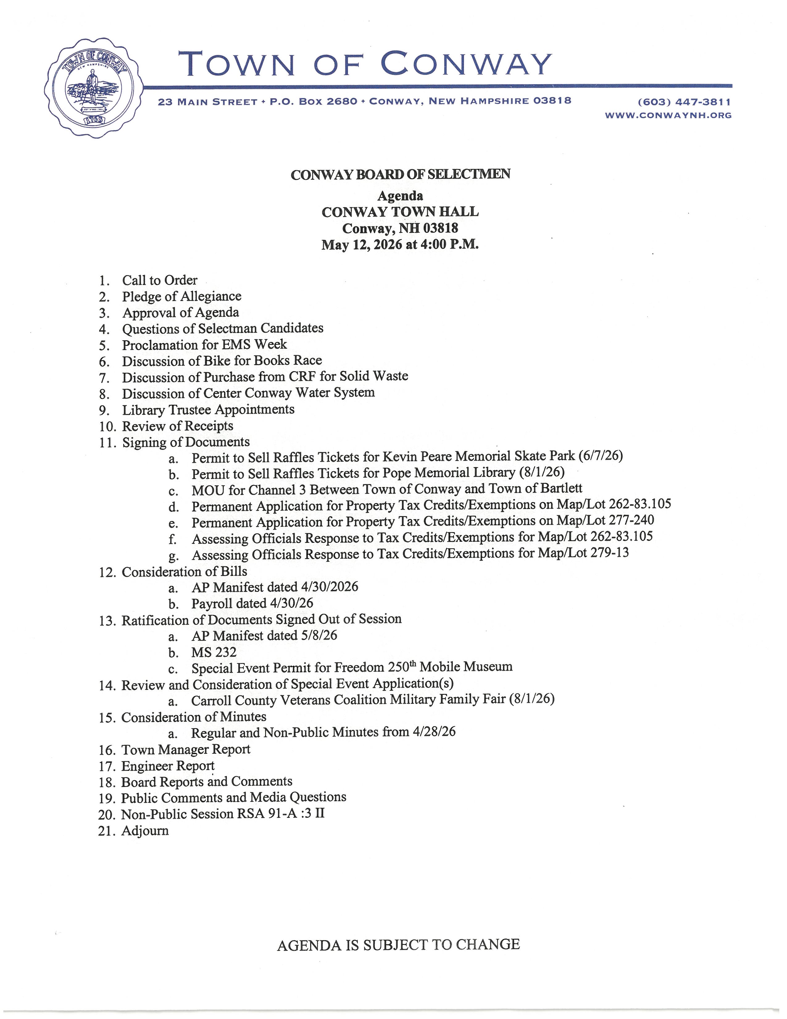Agenda Board of Selectmen May 12, 2026