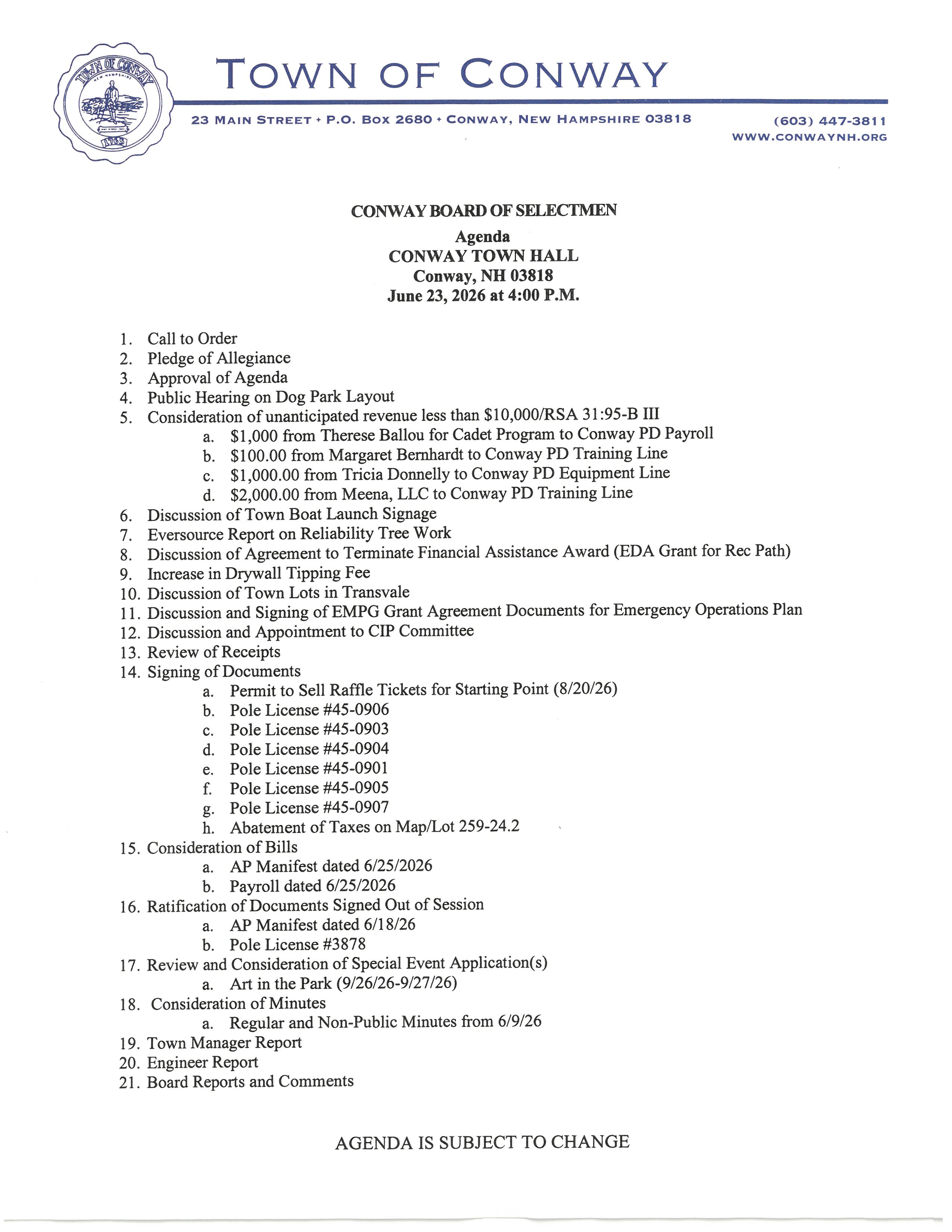 Agenda Board of Selectmen June 23, 2026 Page 1