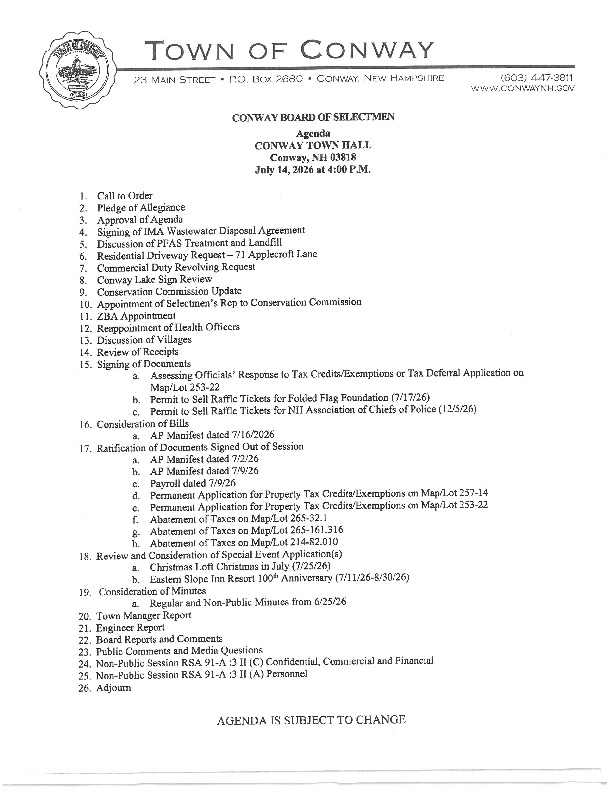 Agenda Board of Selectmen July 14, 2026