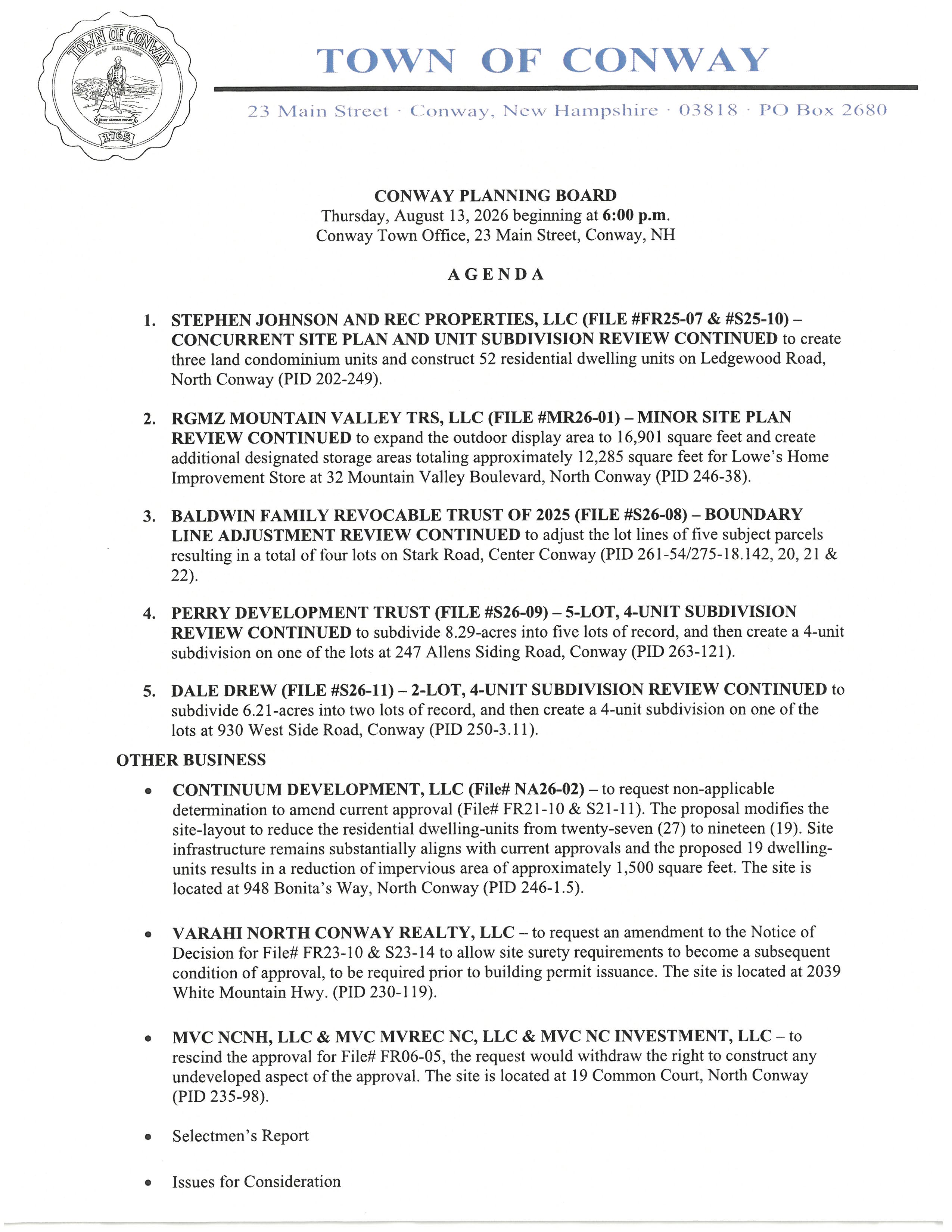 Planning Board Agenda August 13, 2026