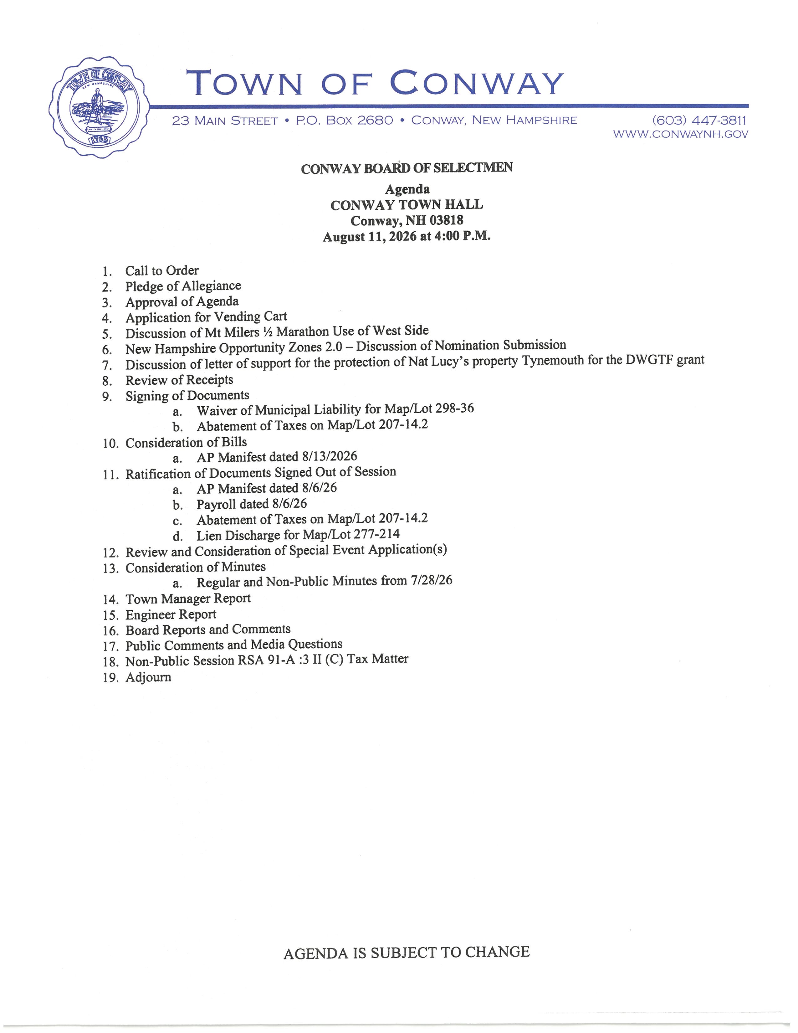 Agenda Board of Selectmen August 11, 2026