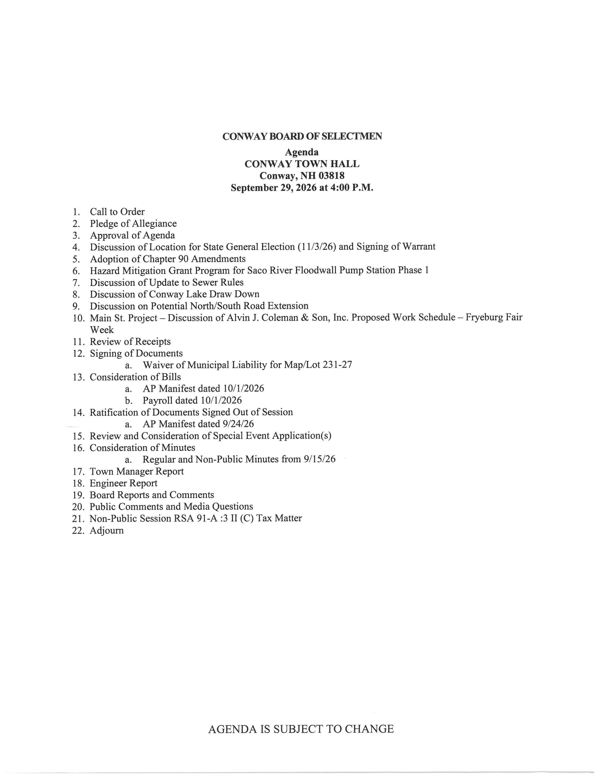 Agenda Board of Selectmen September 29, 2026